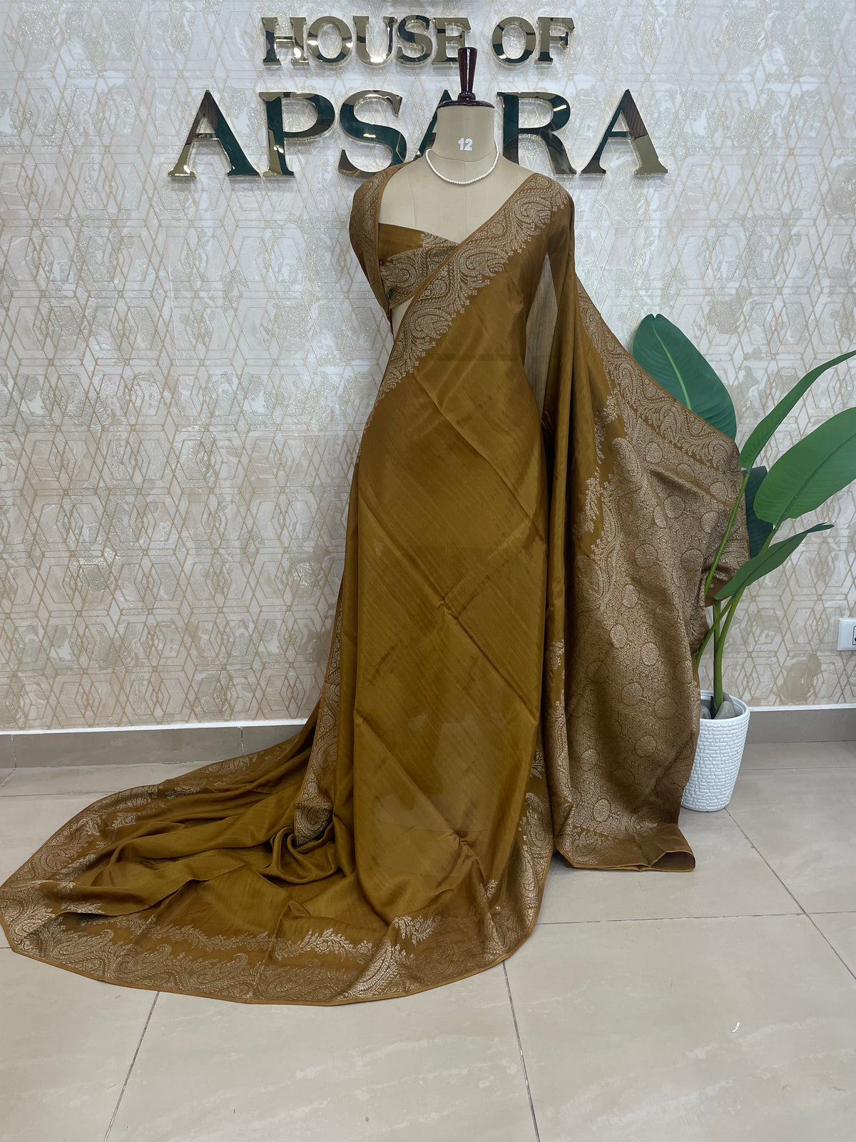 Mustard yellow Banarasi Tussar Georgette Saree 308