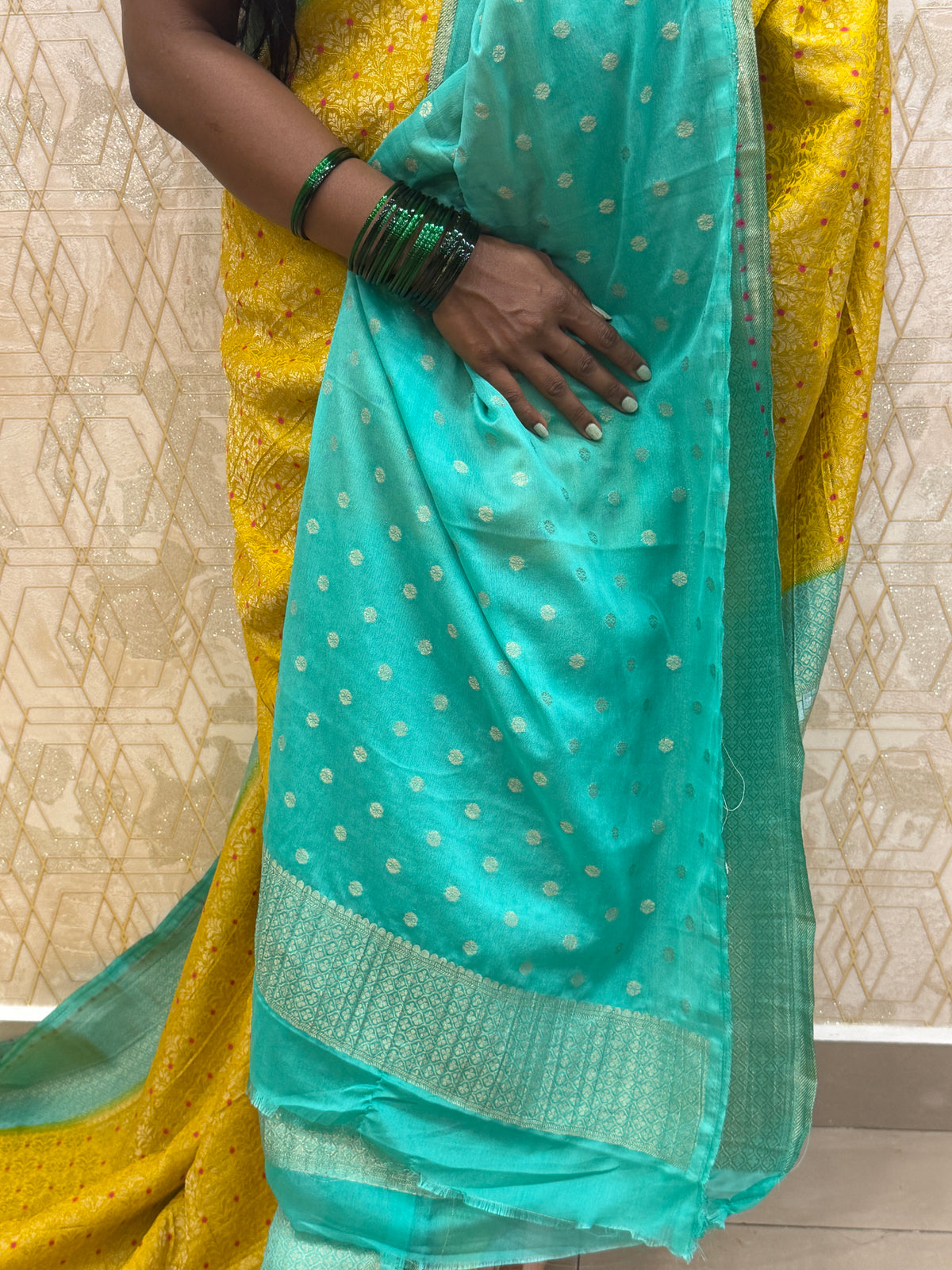 Yellow Meenakari Khadi Georgette Saree 26