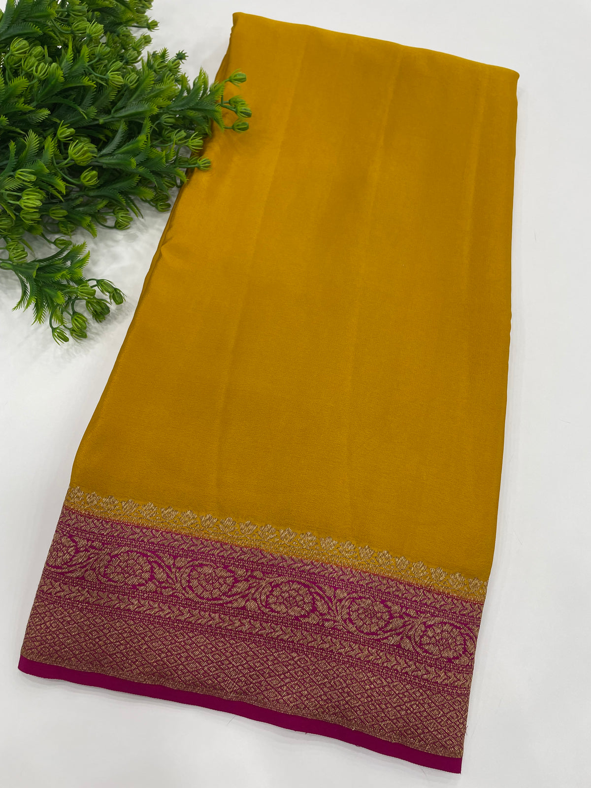Yellow n Pink Pure Banarasi Crepe Saree 03