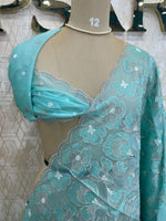 Teal Blue Organza Floral Embroidery Saree 29