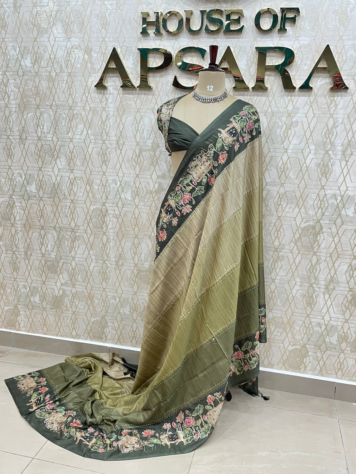 Green Soft Tussur Aari Work Saree 38