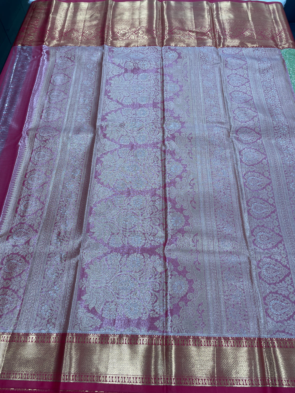 Green n Pink Brocade Semi Kanchi Tissue Saree