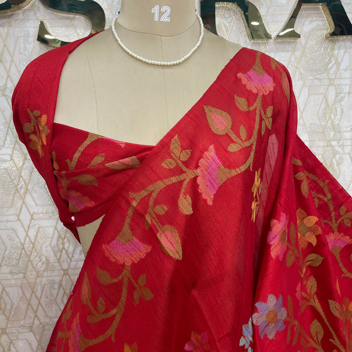 Red Tussar Jamdani saree 318