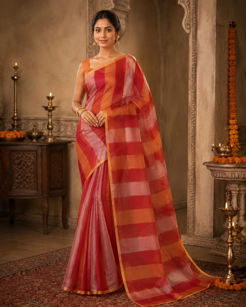Red Pure Tissue Stripes Saree 11