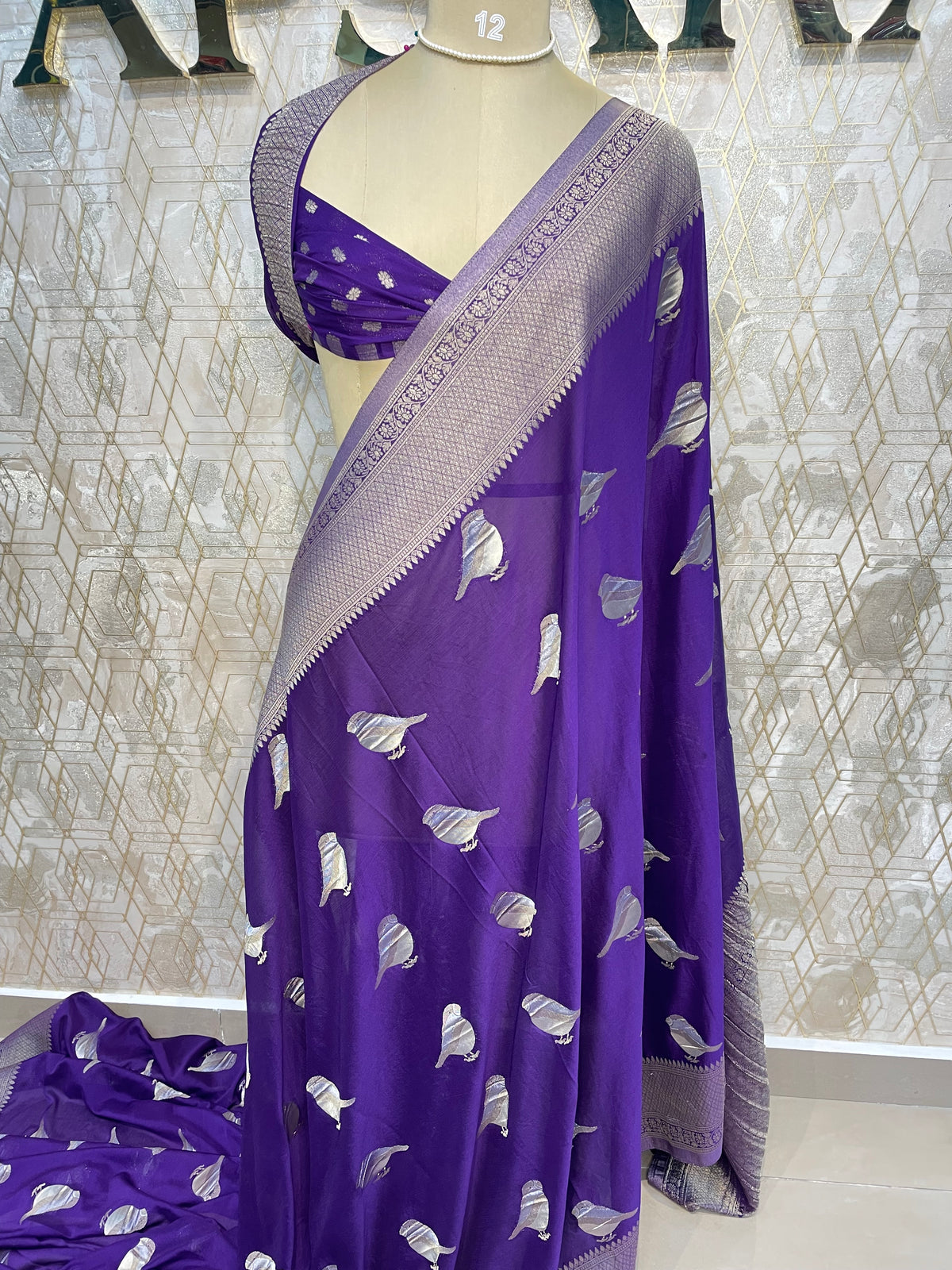 Purple Chinnon Crepe Sparrow Butta Saree 67
