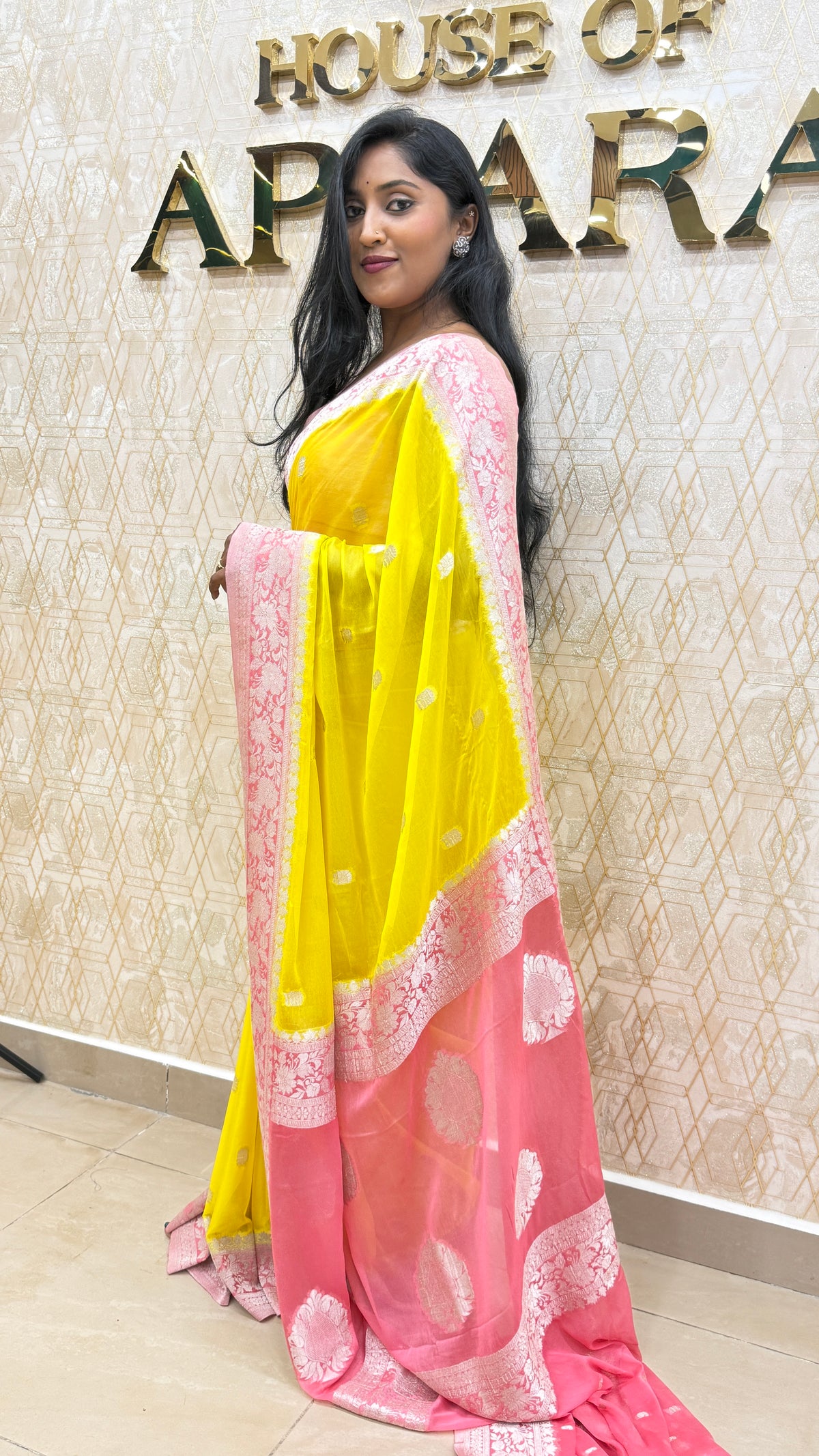 Yellow n Pink With Silver Zari Semi Chiffon