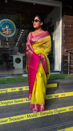 Neon Yellow Pure Kora Organza Antique saree 02