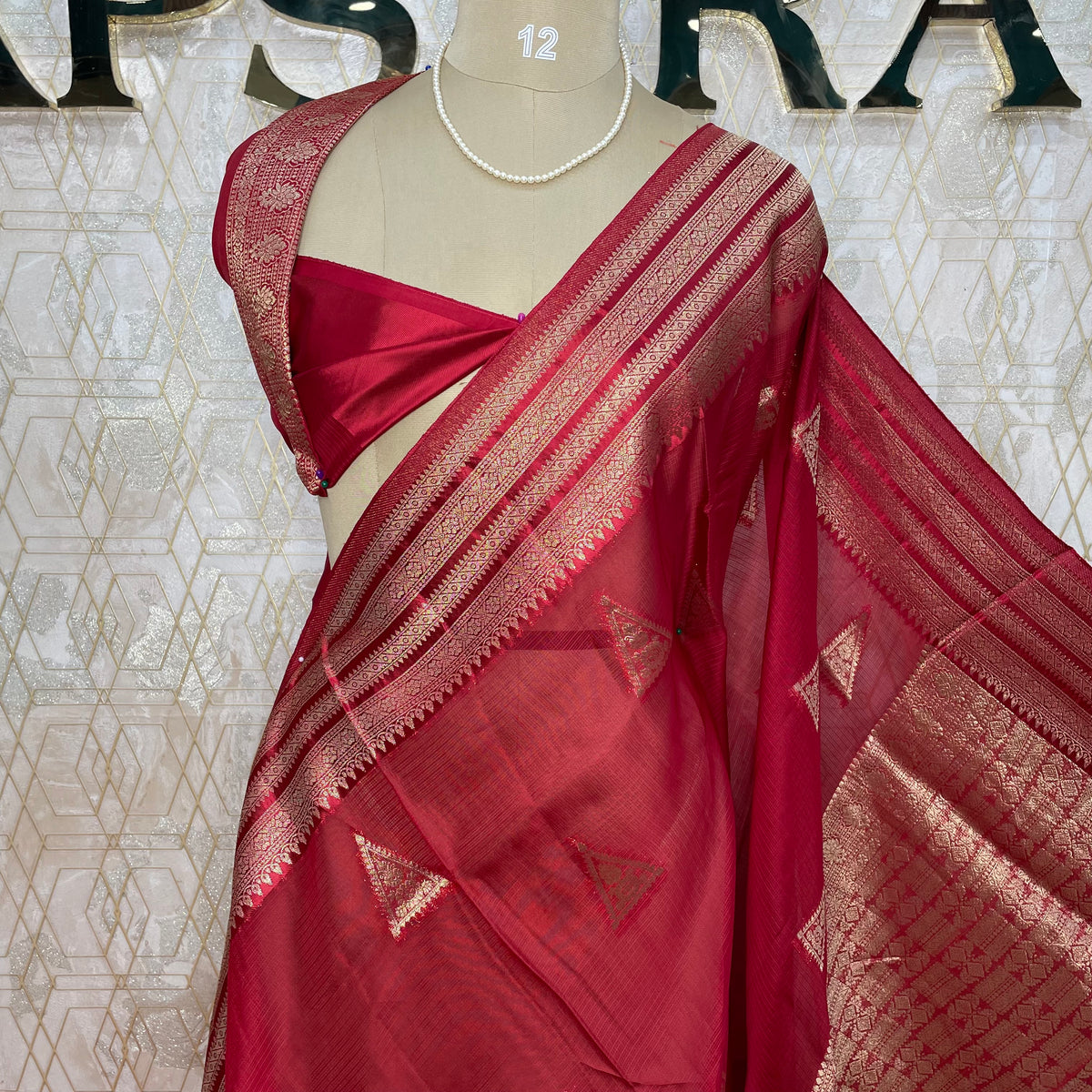 Red Crepe Kota checks saree 309