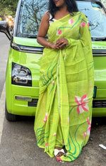 Green Lenin Cotton Floral Print Saree 19