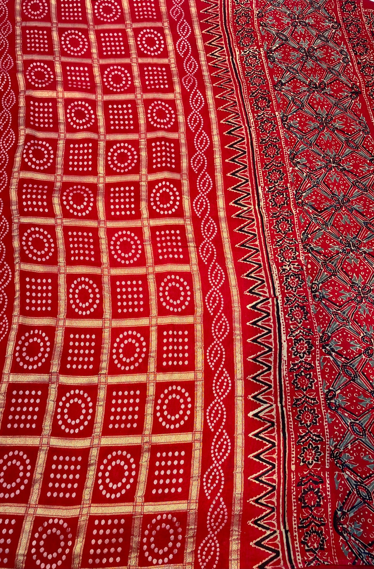 Red Dola Silk Ajrakh Print Saree 18
