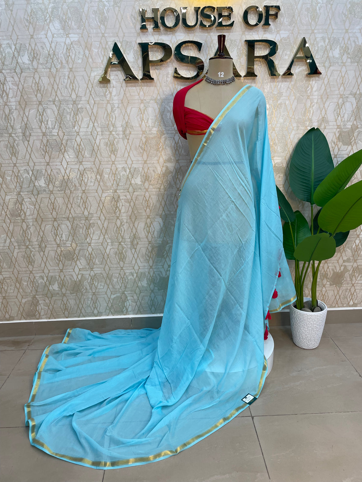 Sky Blue n Red Mul Cotton Saree 101