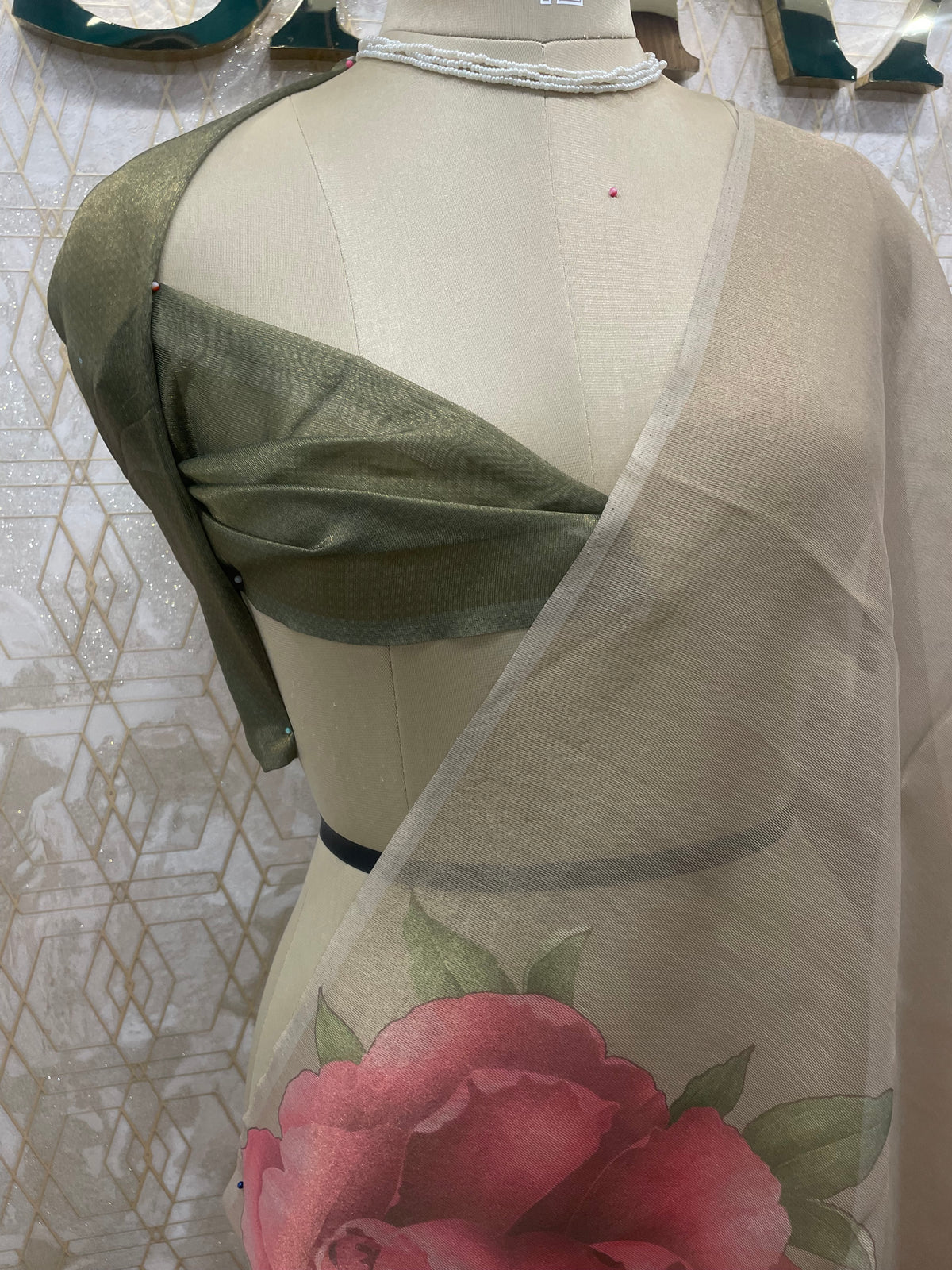 Green n Pink Tissue Floral Print Saree 35