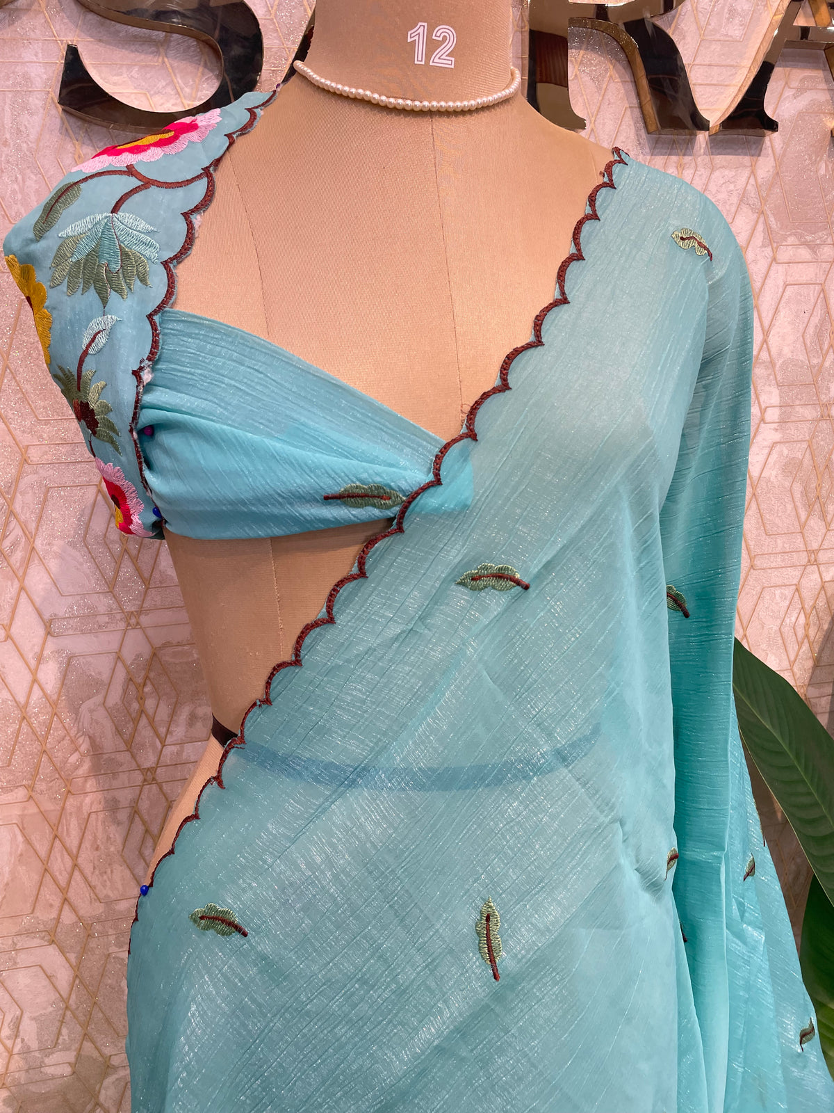 Teal Blue Soft Crush Tissue Sunflower Embroidery Work Saree 301
