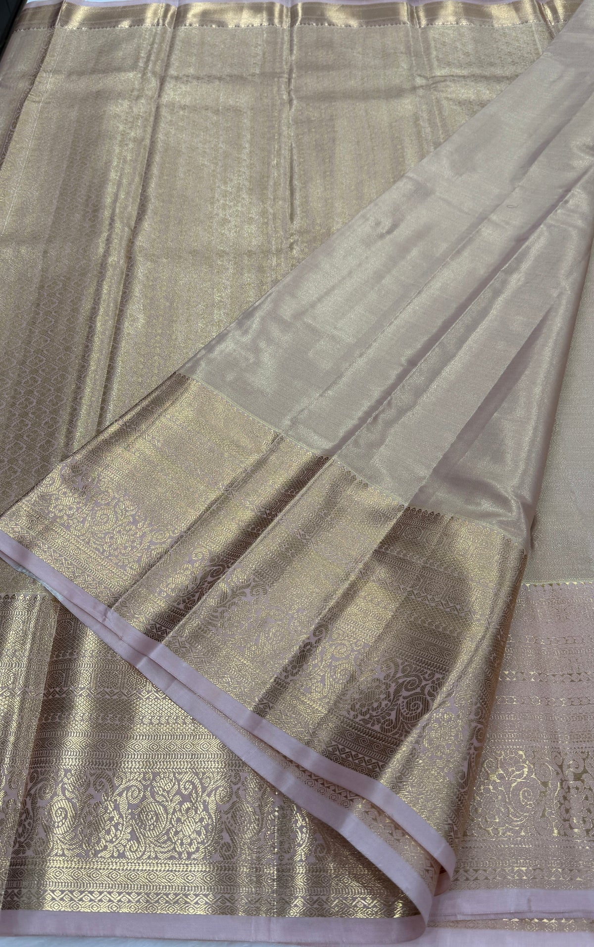 Gold n Pastel Pink Brocade Semi Kanchi Tissue Saree