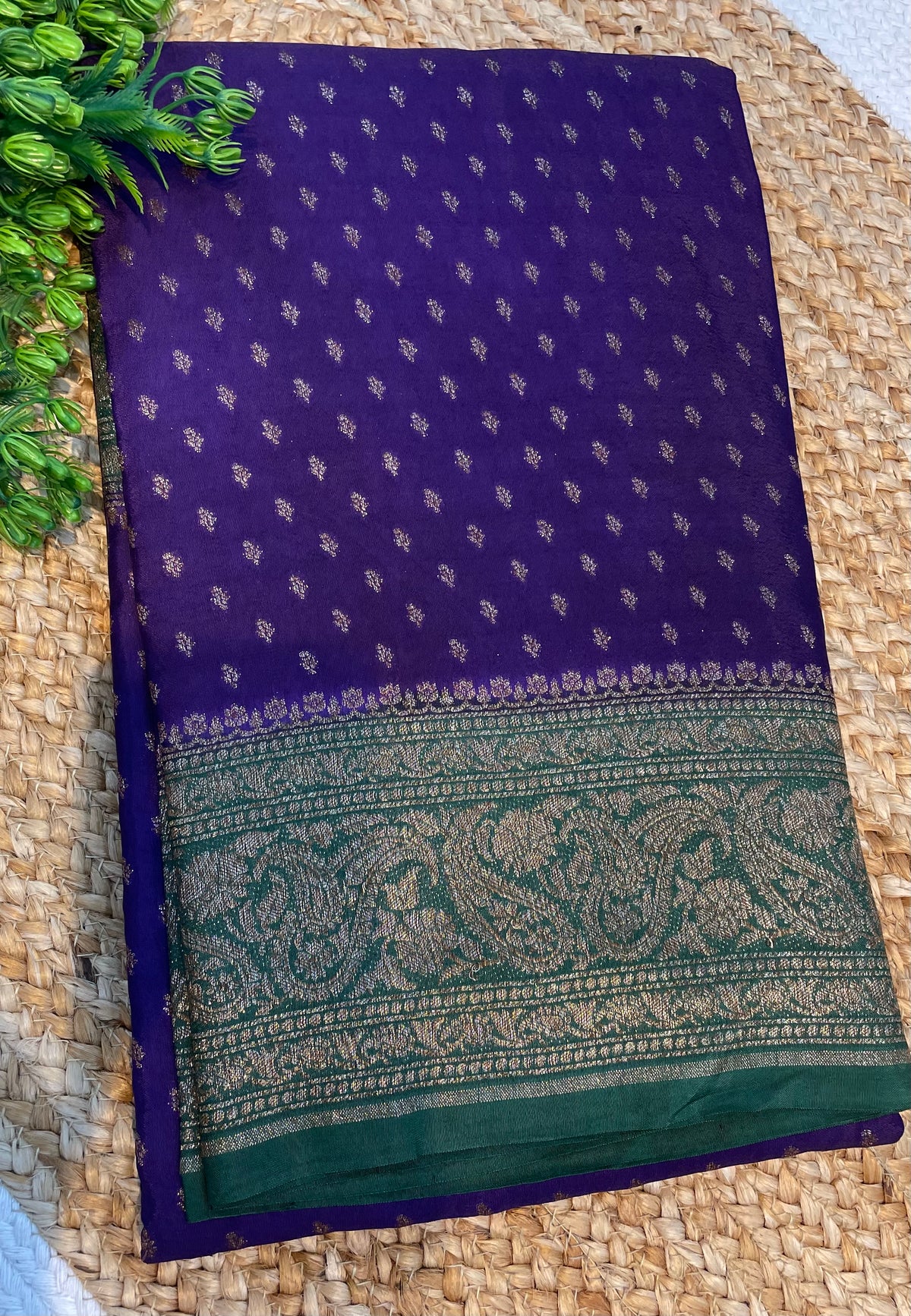 Purple n Green Banarasi Crepe Saree