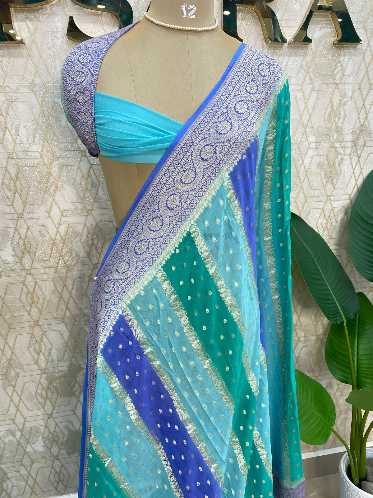Green n Blue Dual Shade Pure Khadi Rangkart Georgette Saree 04
