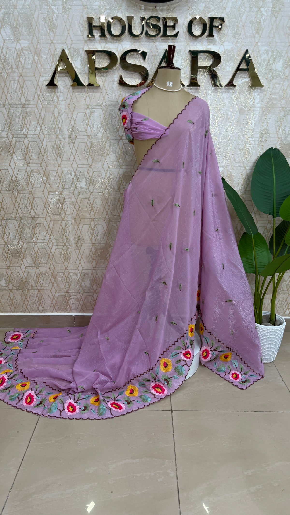 Lilac Soft Crush Tissue Sunflower Embroidery Work Saree 301