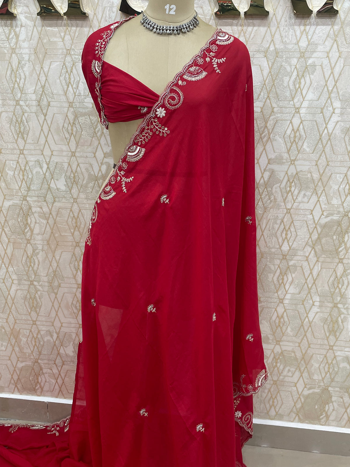 Red Embroidery Work Crepe Saree 29