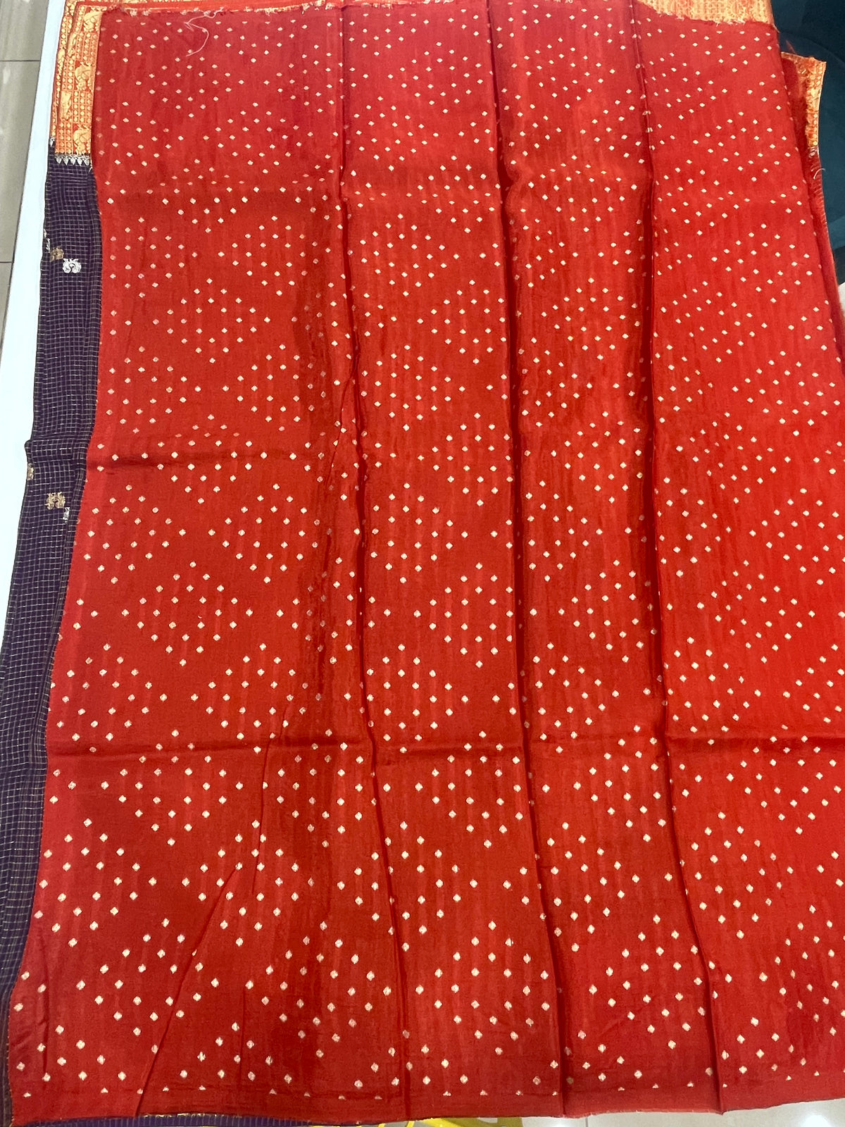 Purple n Orange Checks Cotton Silk Saree 13