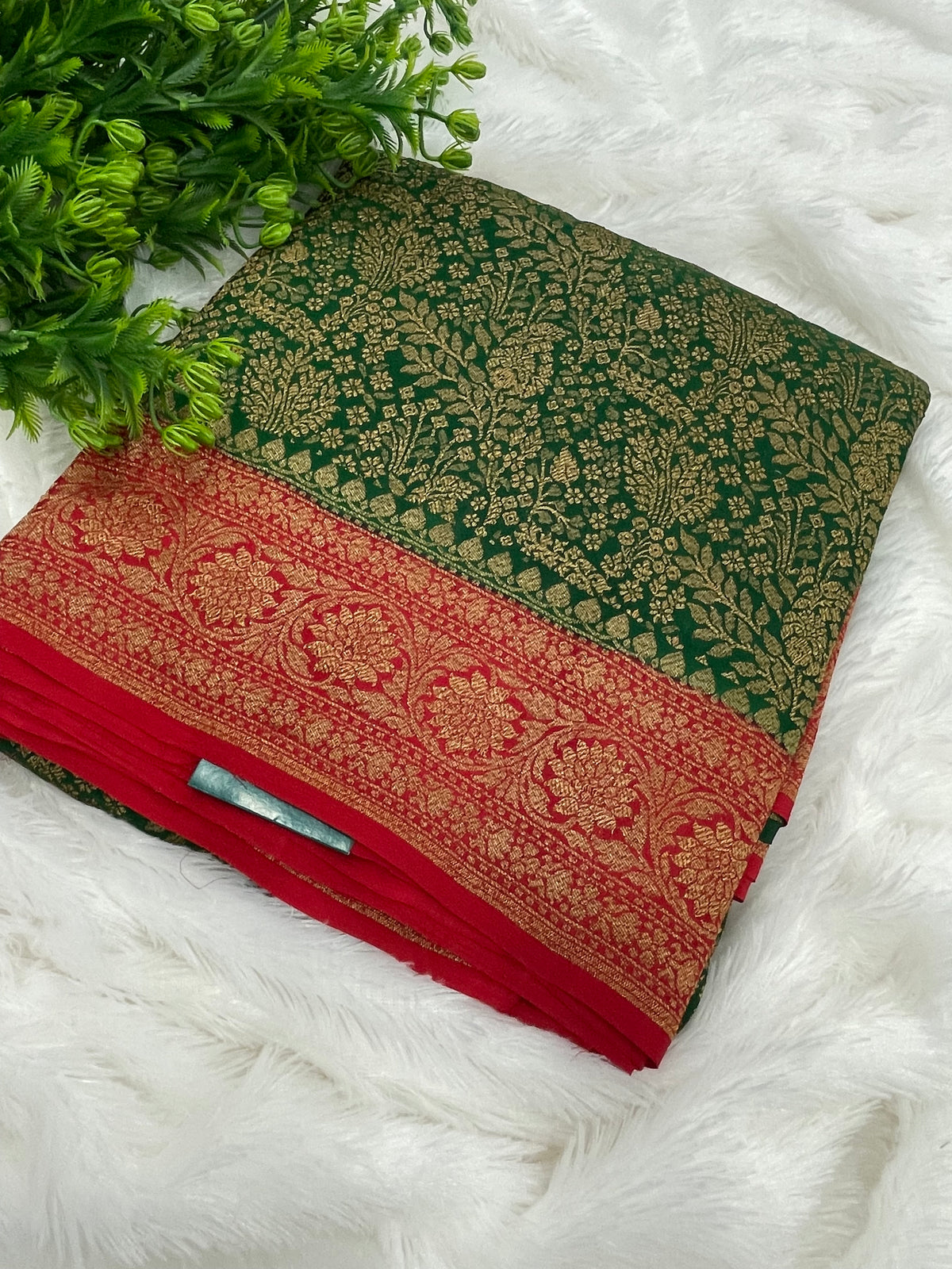 Green n Red Pure Khadi Banarasi Crepe Saree 06