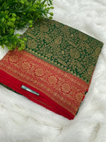 Green n Red Pure Khadi Banarasi Crepe Saree 06