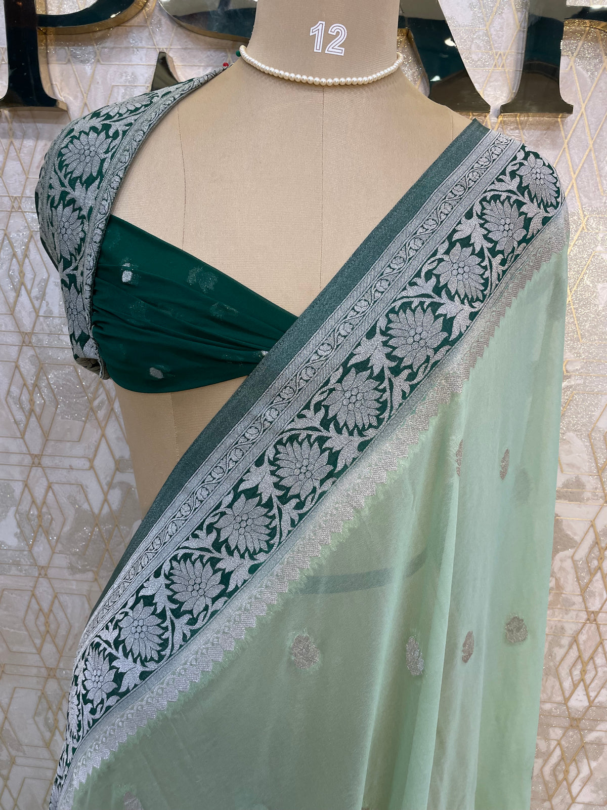 Pista Green With Silver Zari Semi Chiffon