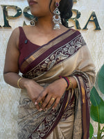 Cream n Maroon Kalamkari Print Mangalgiri Cotton Silk Saree 13