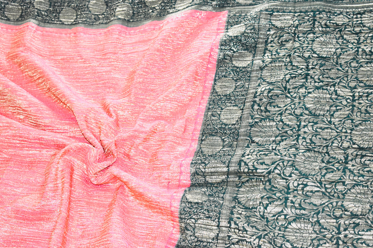 Pink and Green Crush Tissue Saree