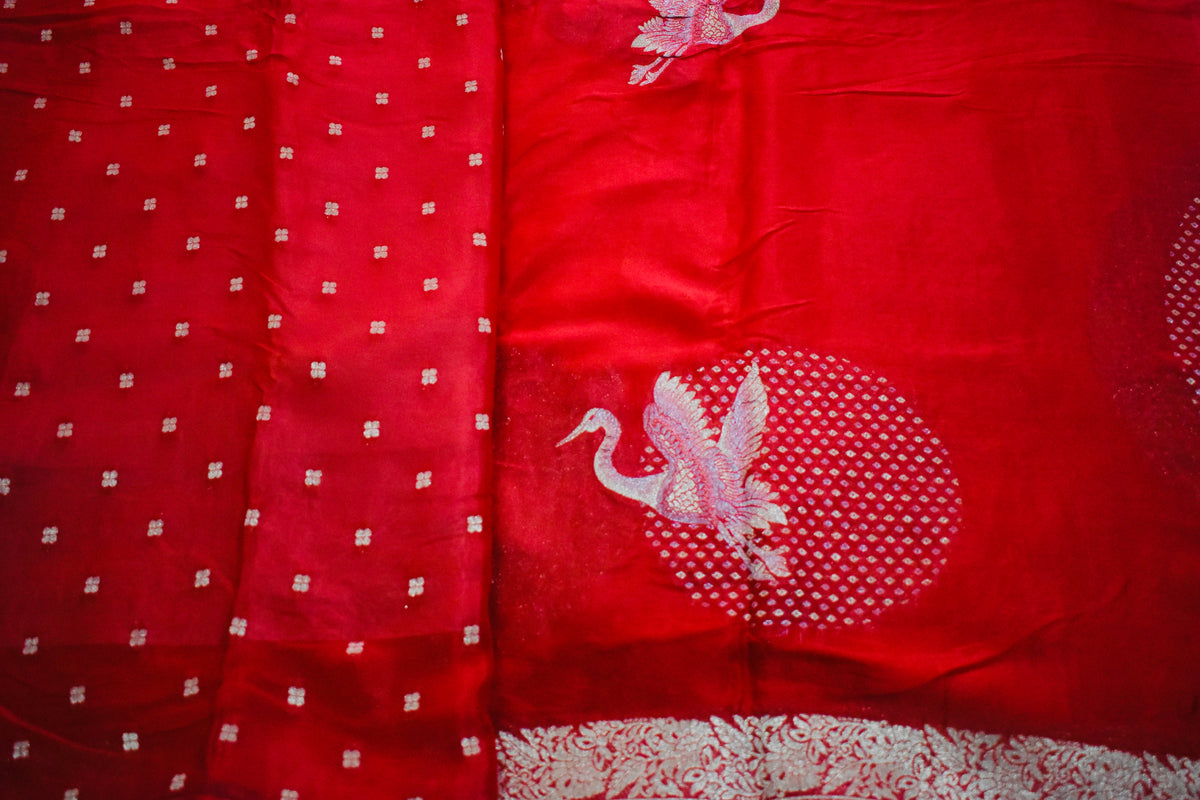Red Chinnon Crepe Flamingo Saree