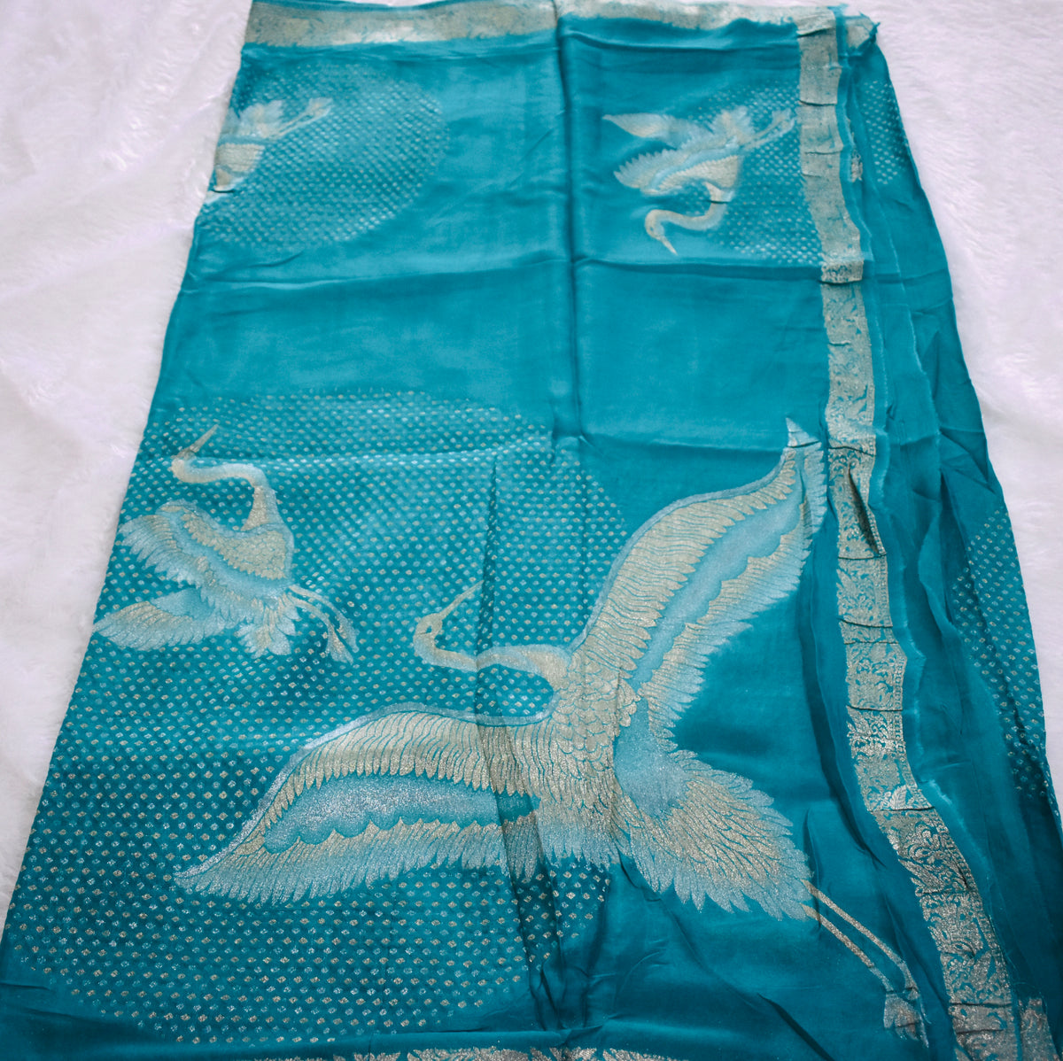 Sky Blue Chinnon Crepe Flamingo Saree