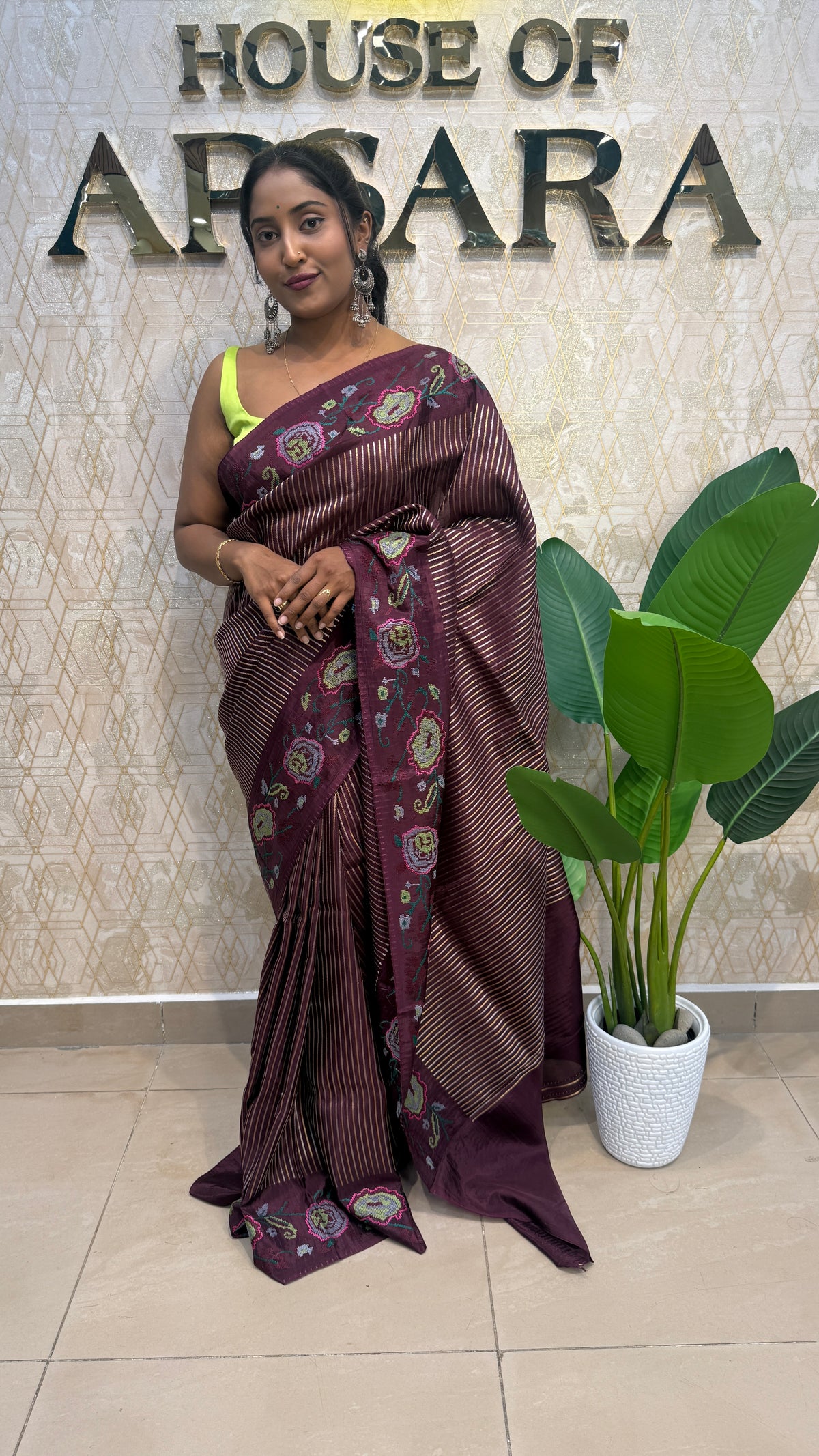 Maroon Crepe With Stripe Cross-stitch Embroidery Saree 207