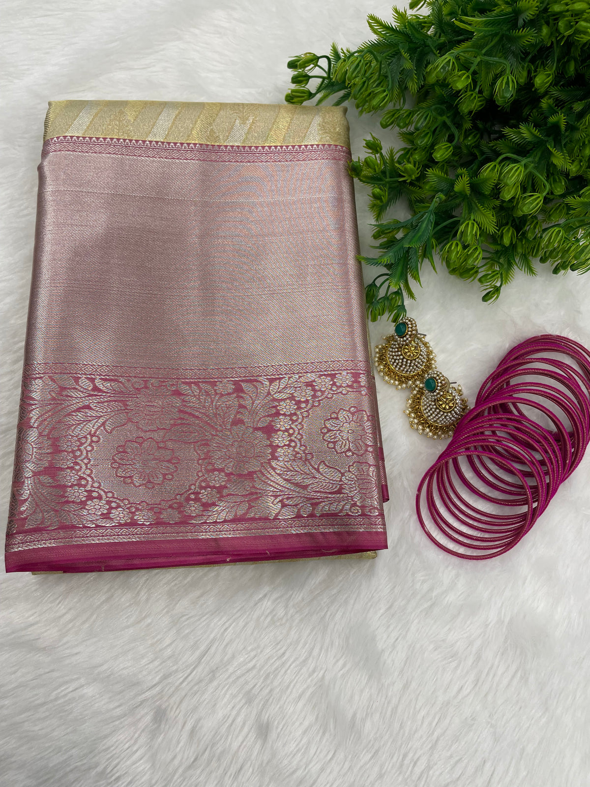 Gold n Pink Brocade Semi Kanchi Tissue Saree