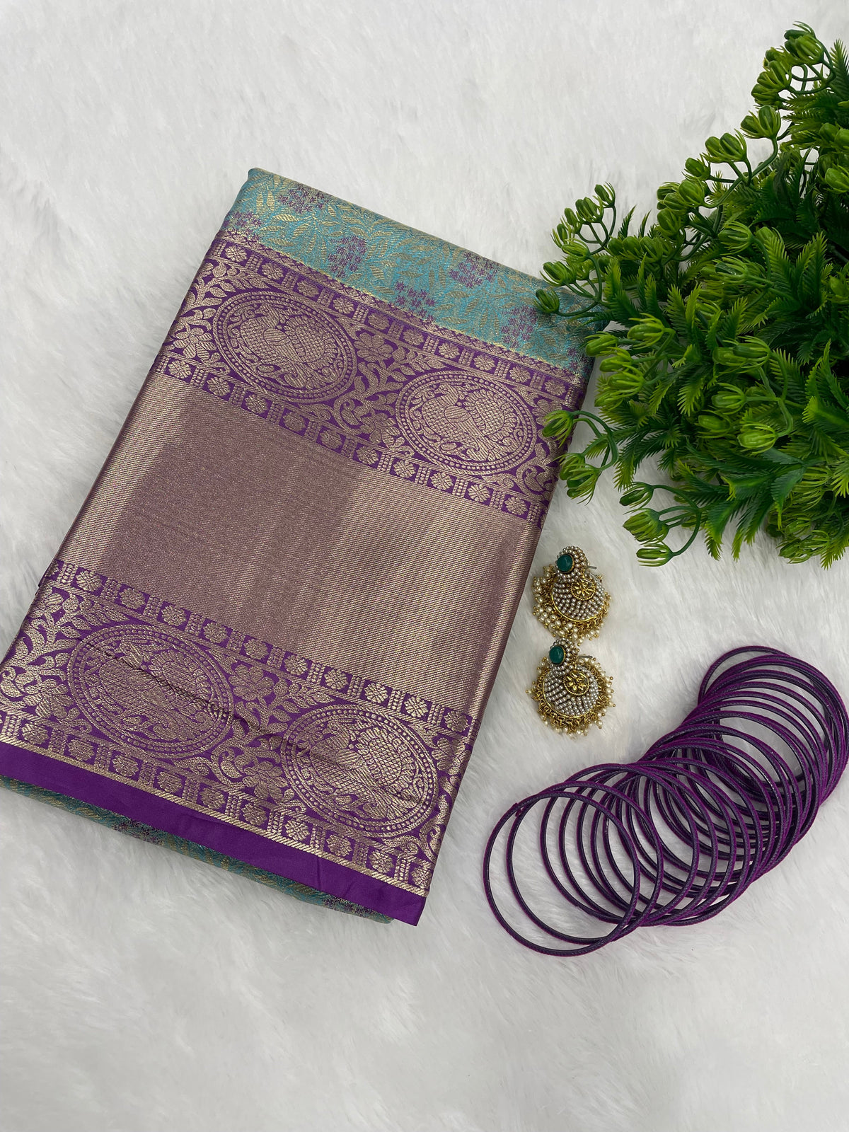 Blue n Purple Brocade Semi Kanchi Tissue Saree