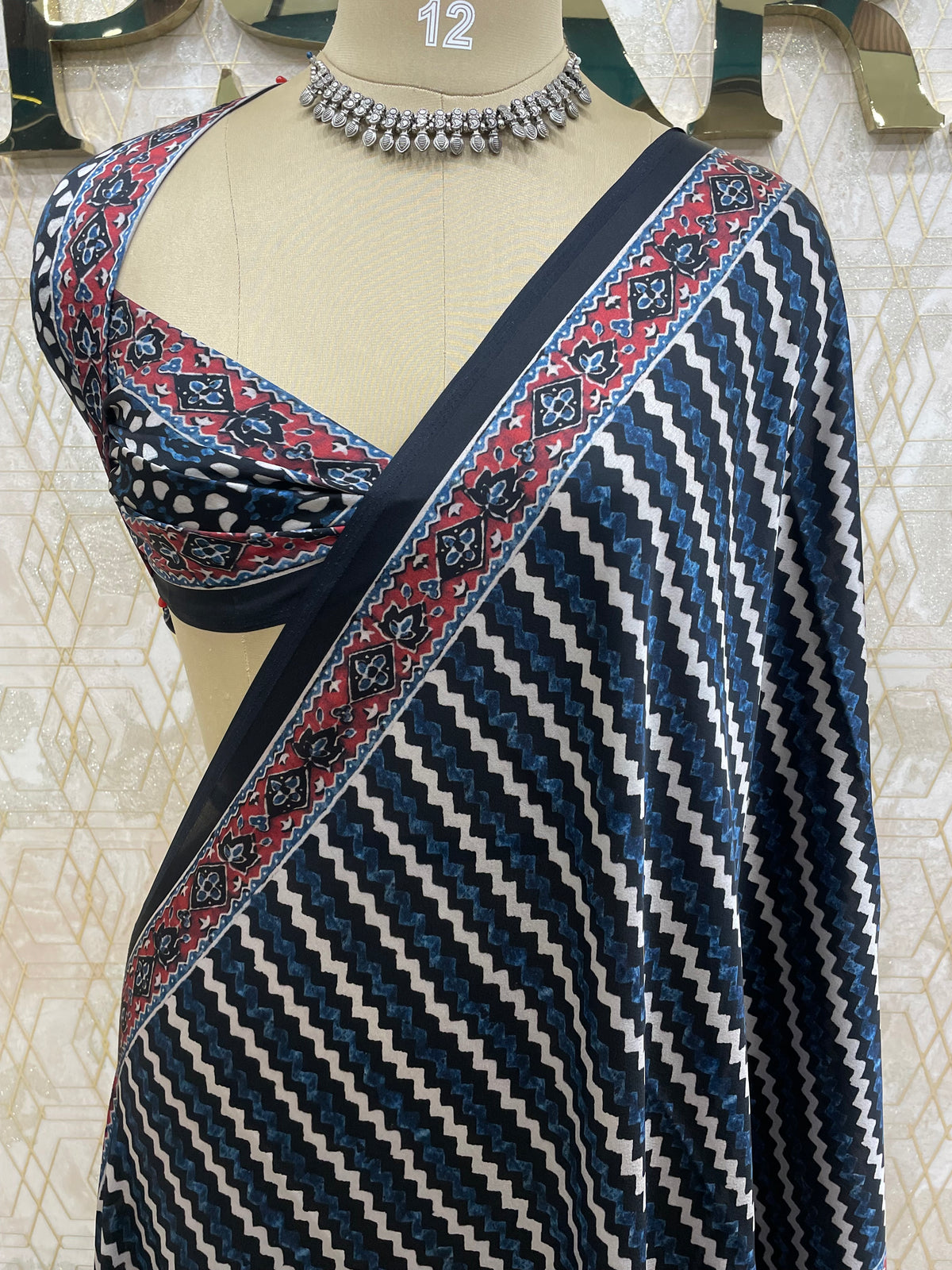 Navy Blue Satin Digital Print Saree 45