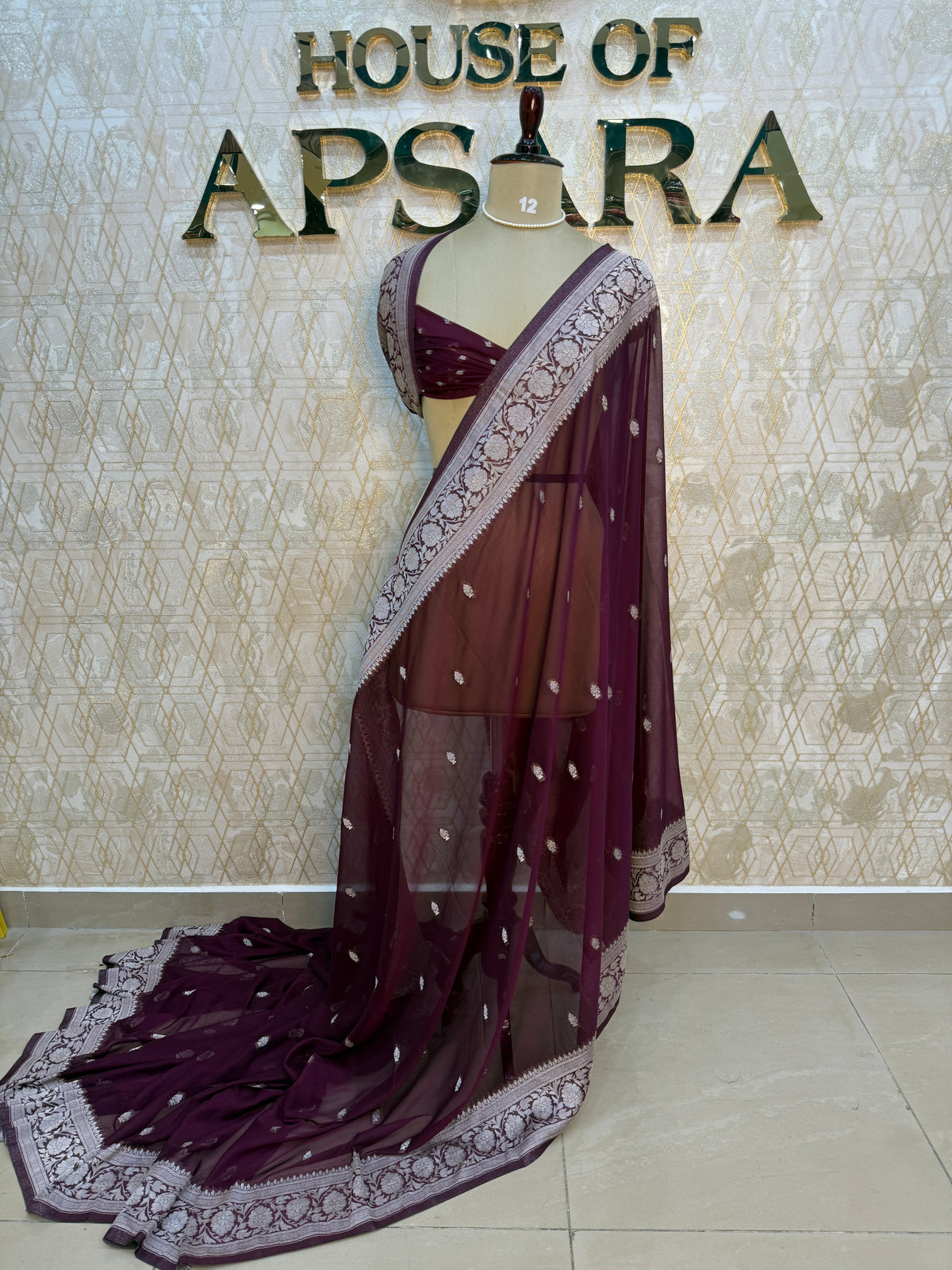 Wine With Silver Zari Semi Chiffon