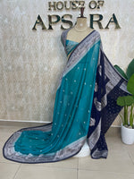 Teal Blue n Purple Banarasi Silk Saree With Silvar Zari Semi Chiffon