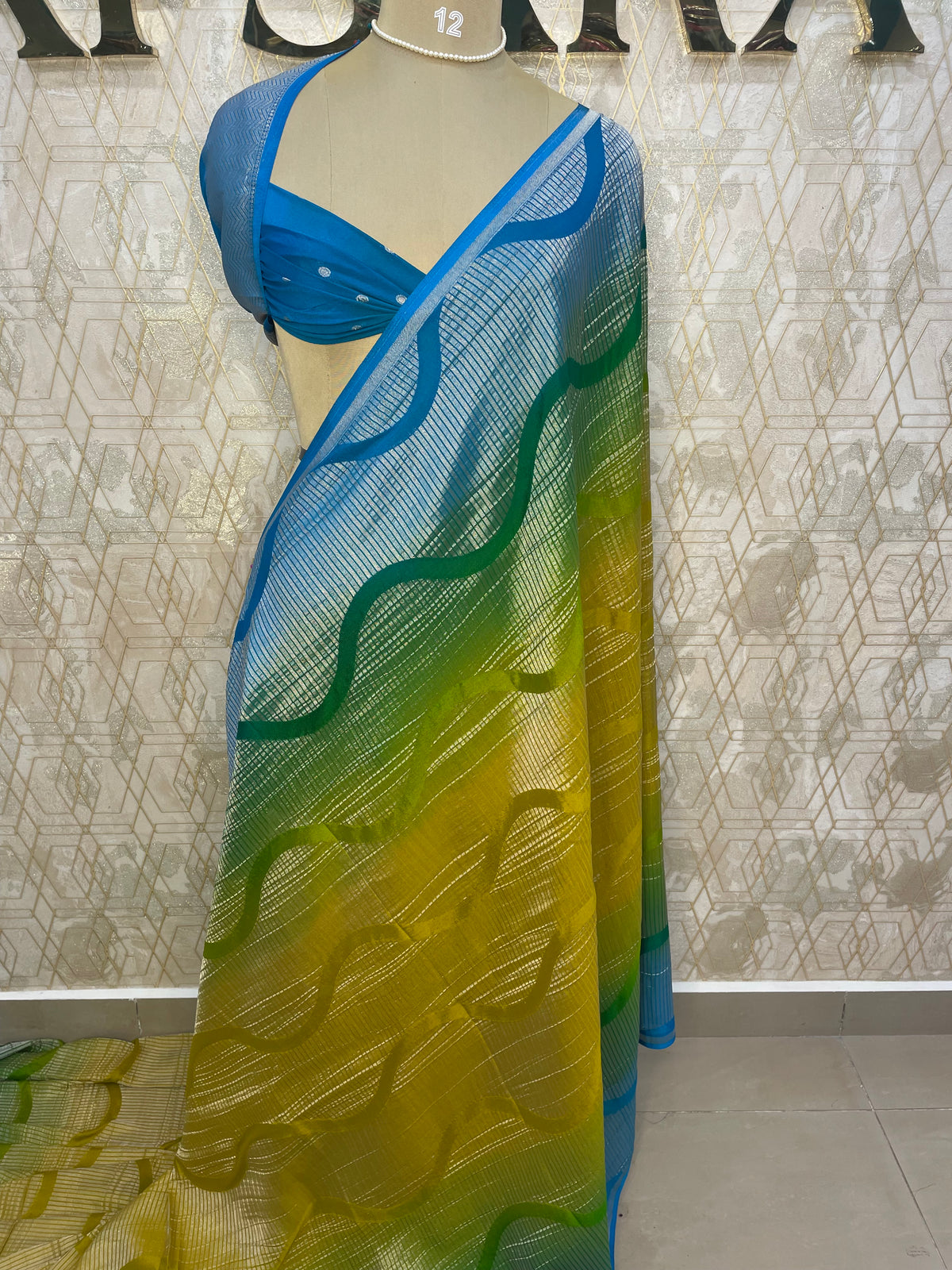 Blue n Yellow With Silver Zari Semi Chiffon Saree 70