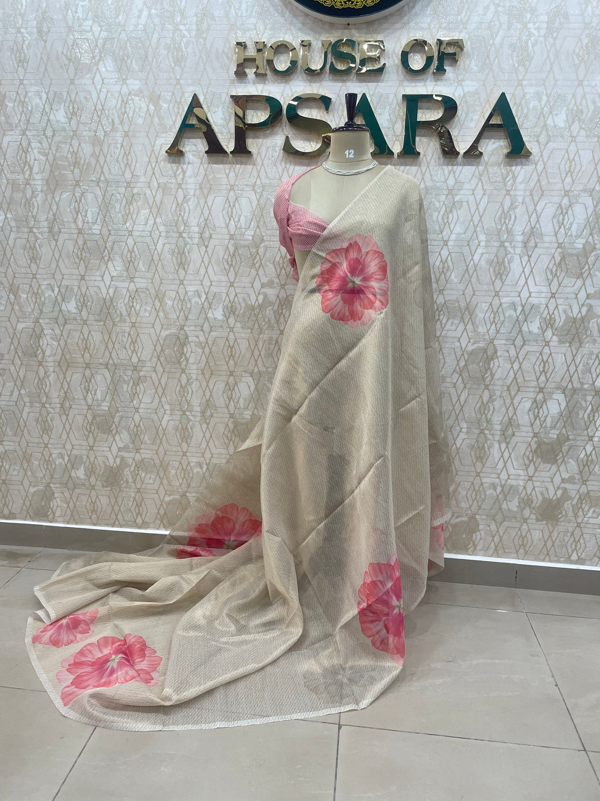 Cream n Pink Tissue Floral Print Saree 35