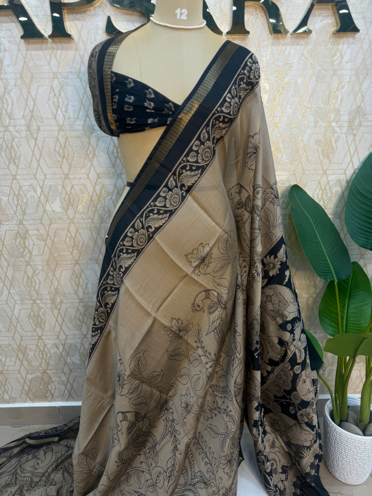 Cream n Black Kalamkari Print Mangalgiri Cotton Silk Saree 13