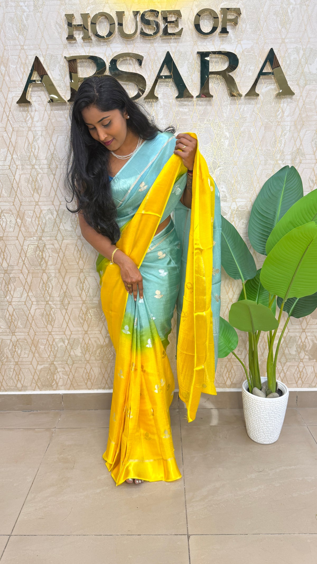 Blue n Yellow Jute Linen Saree
