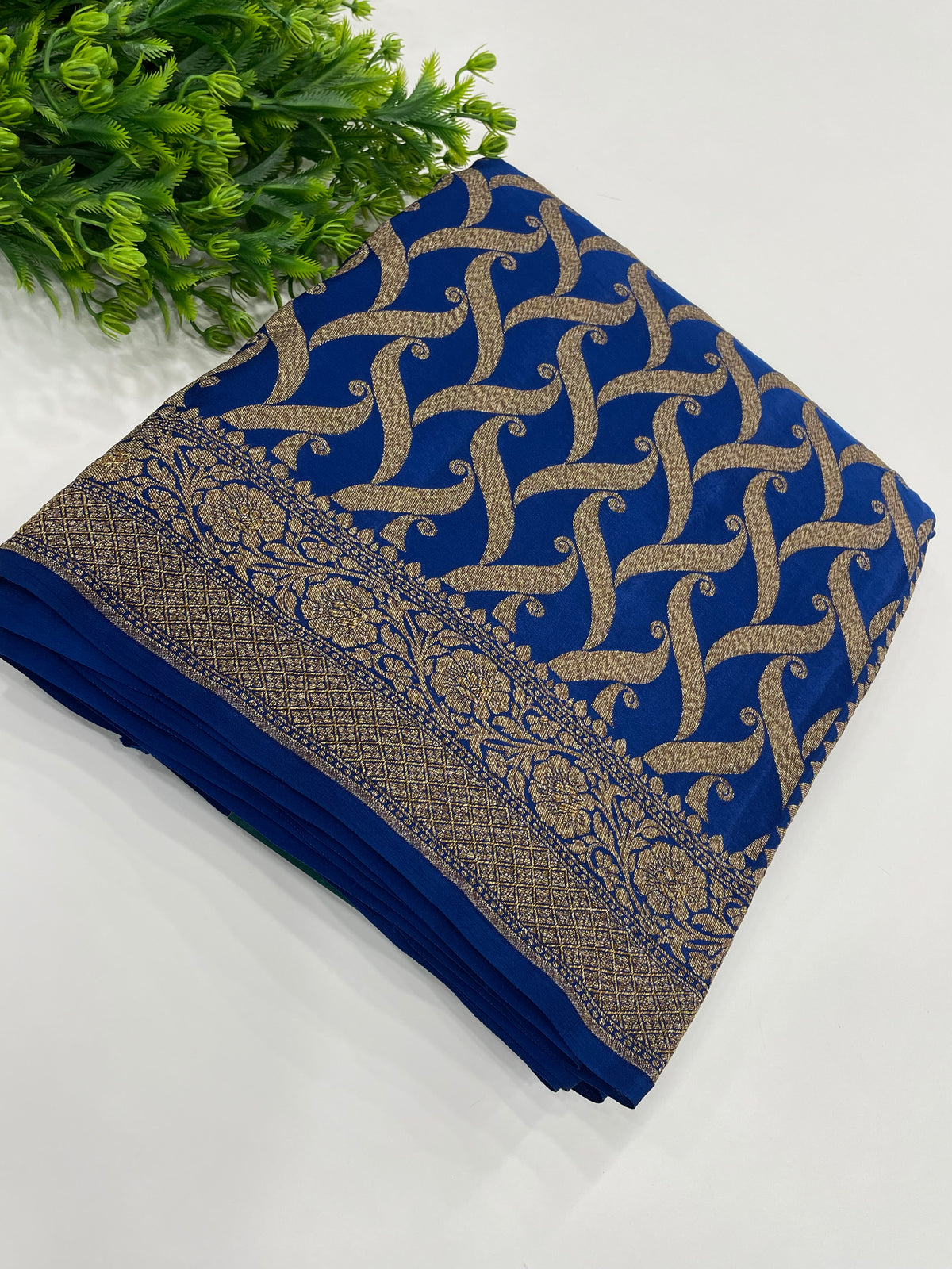 Peacock Blue Pure Banarasi Crepe Self Saree 03