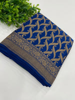 Peacock Blue Pure Banarasi Crepe Self Saree 03