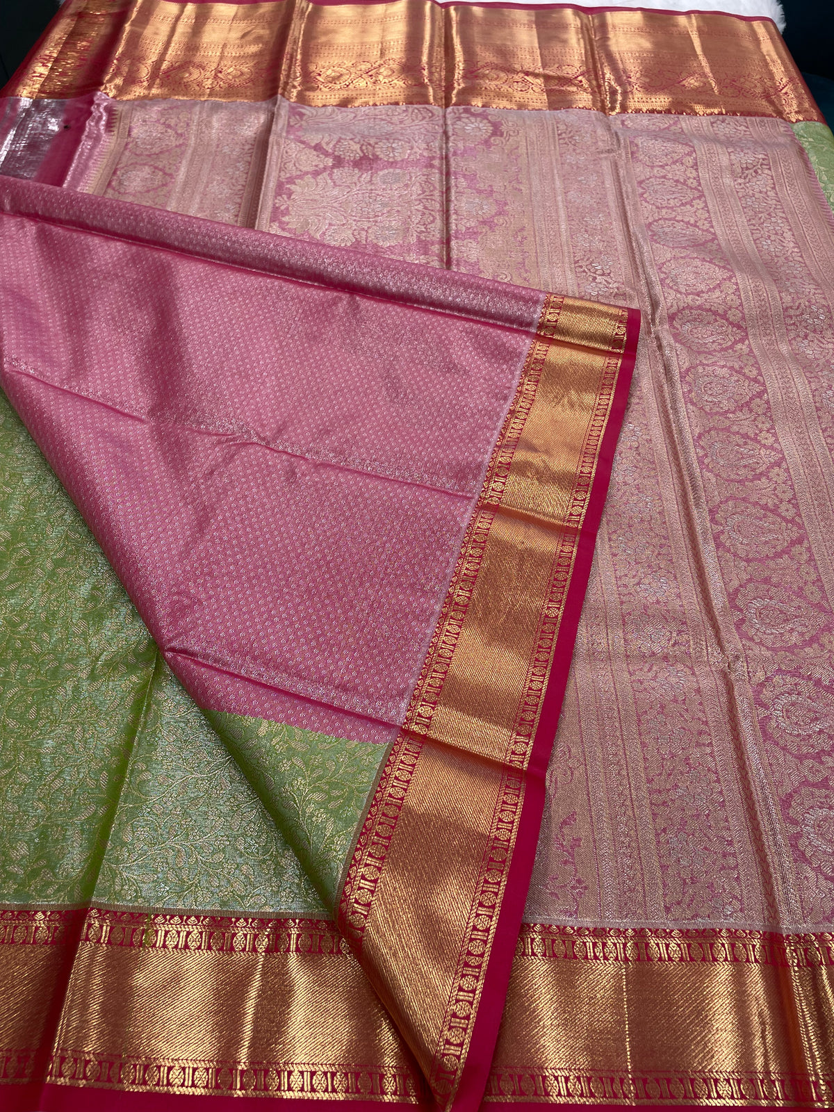 Green n Pink Brocade Semi Kanchi Tissue Saree