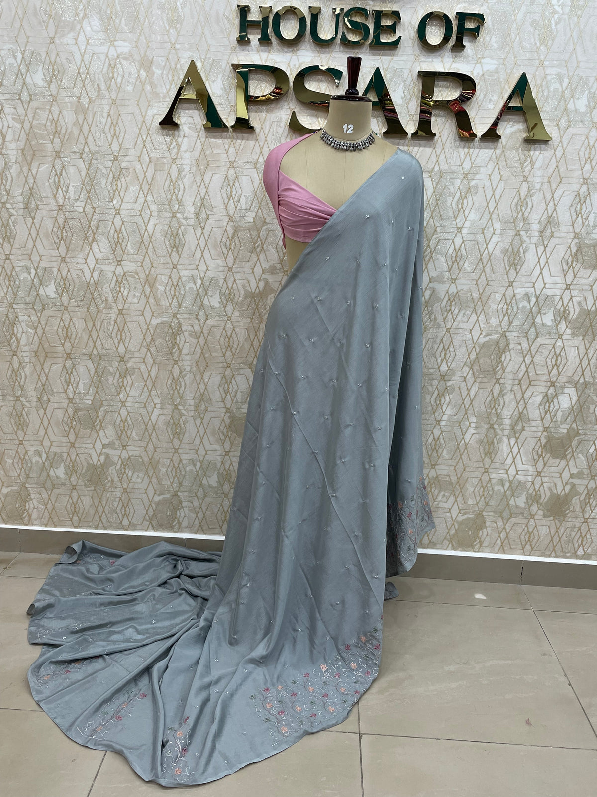 Grey Chinon Zari Embroidery Saree 44