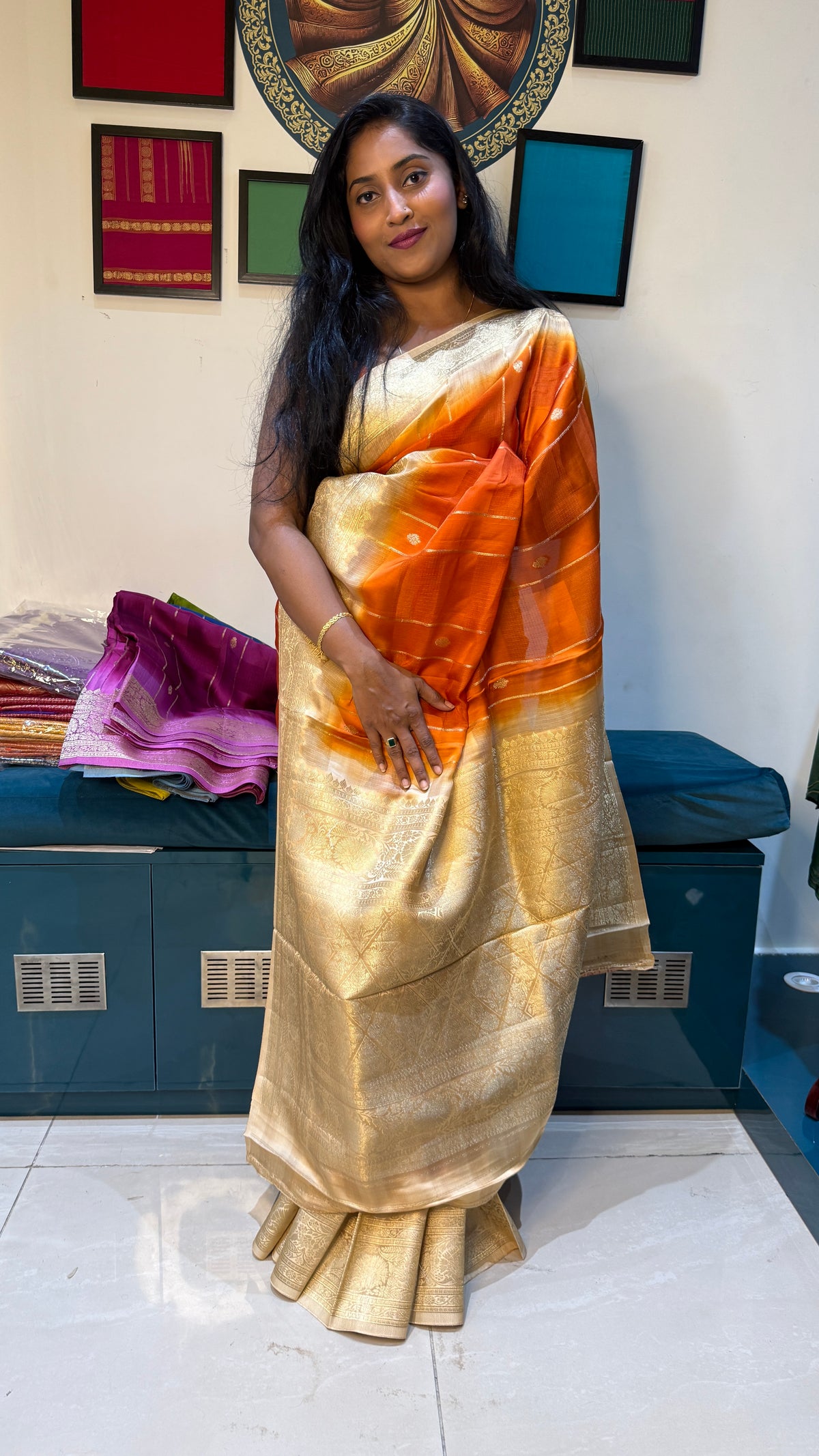 Orange Kota Crepe Fusion Saree 203