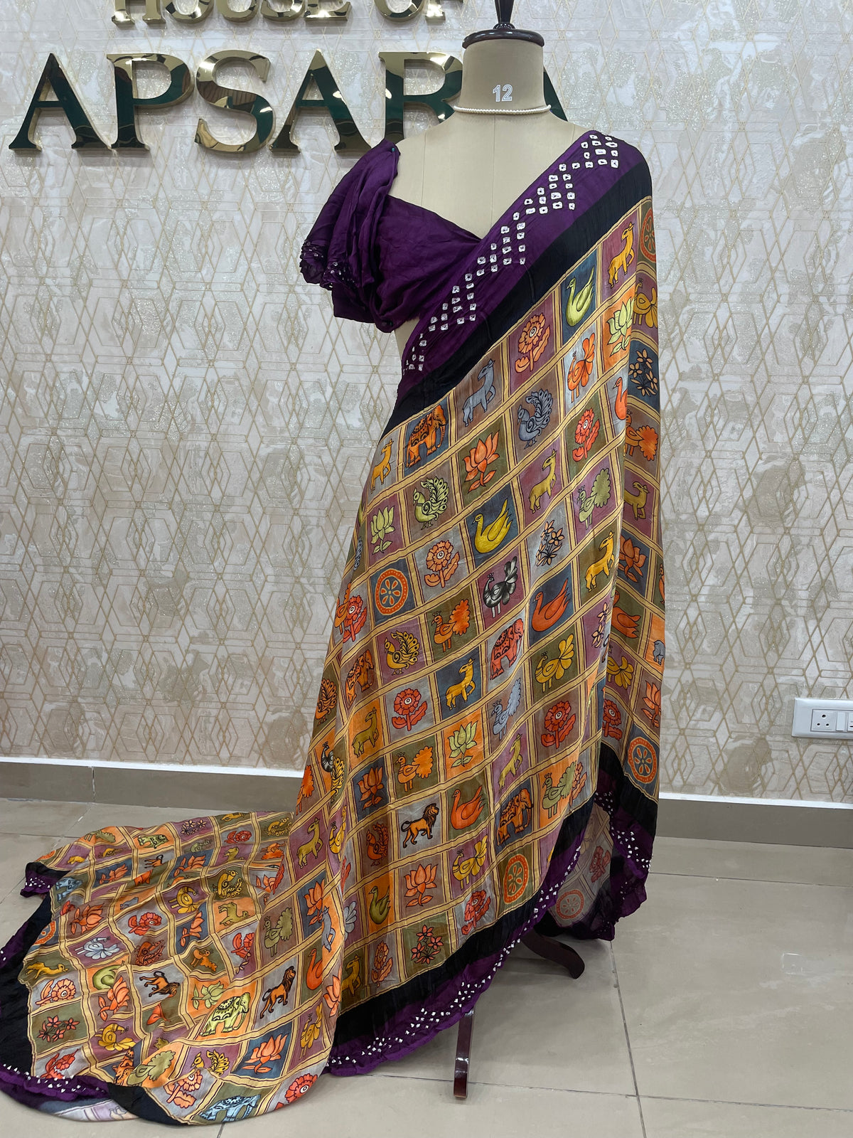 Gold n Purple Pure Modal Silk Kalamkari Print Saree 05