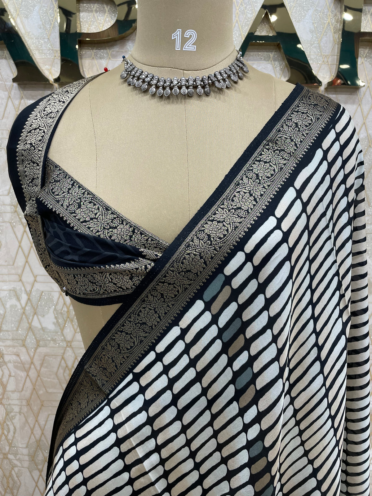 White n Black Soft Crepe Digital Print Saree 48
