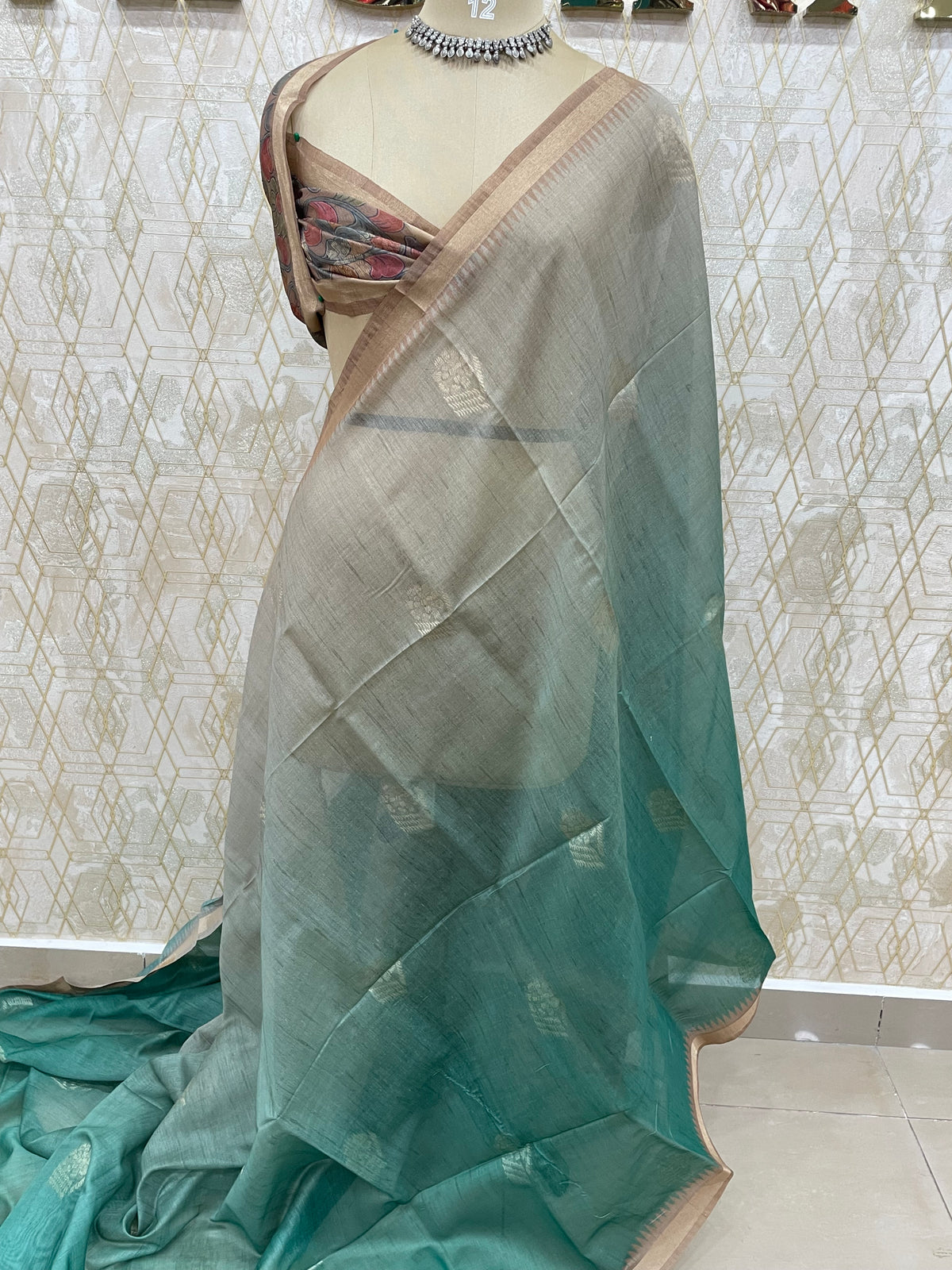 Brown n Green Raw Silk Saree 51
