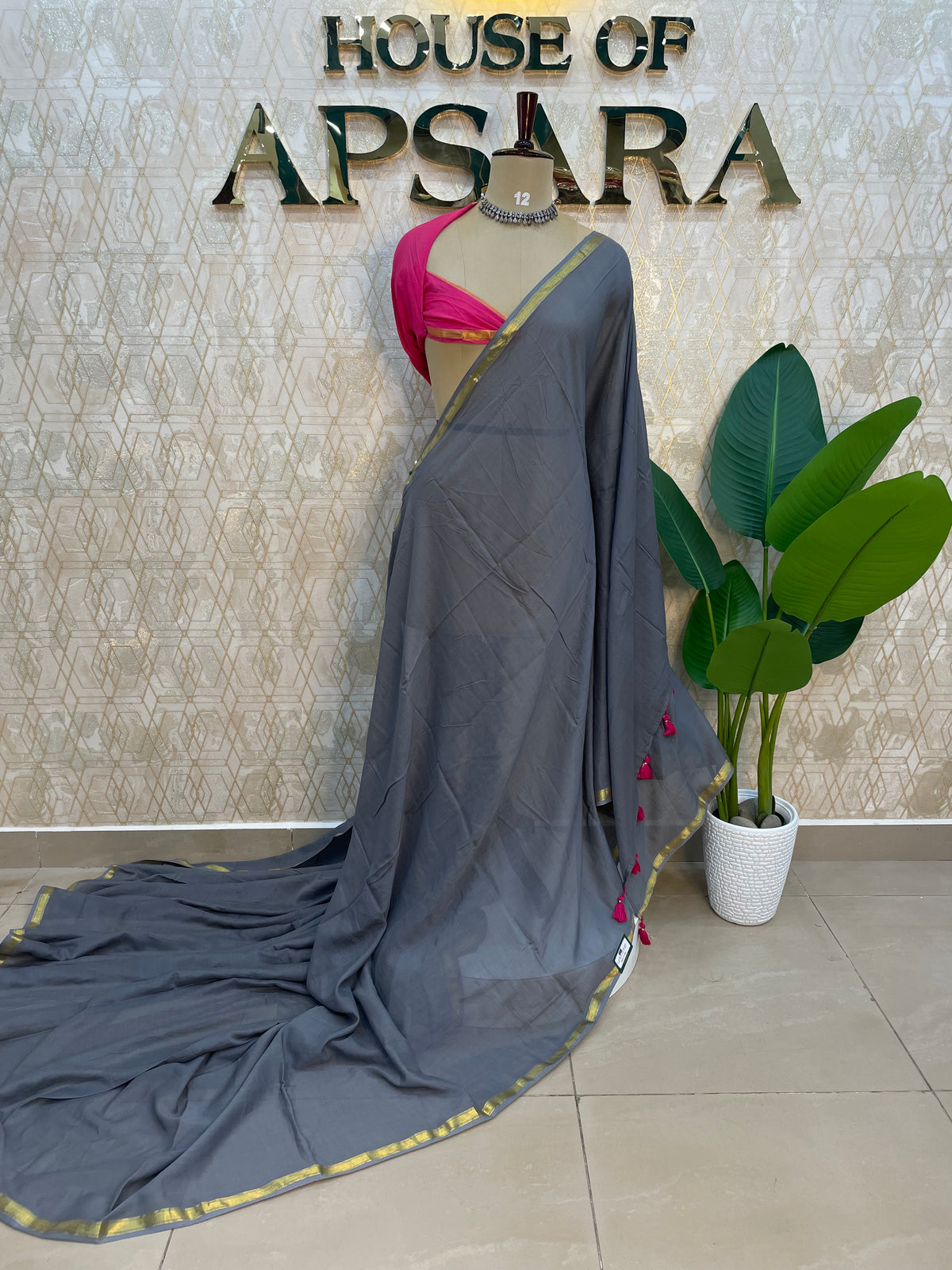 Grey n Pink Mul Cotton Saree 101