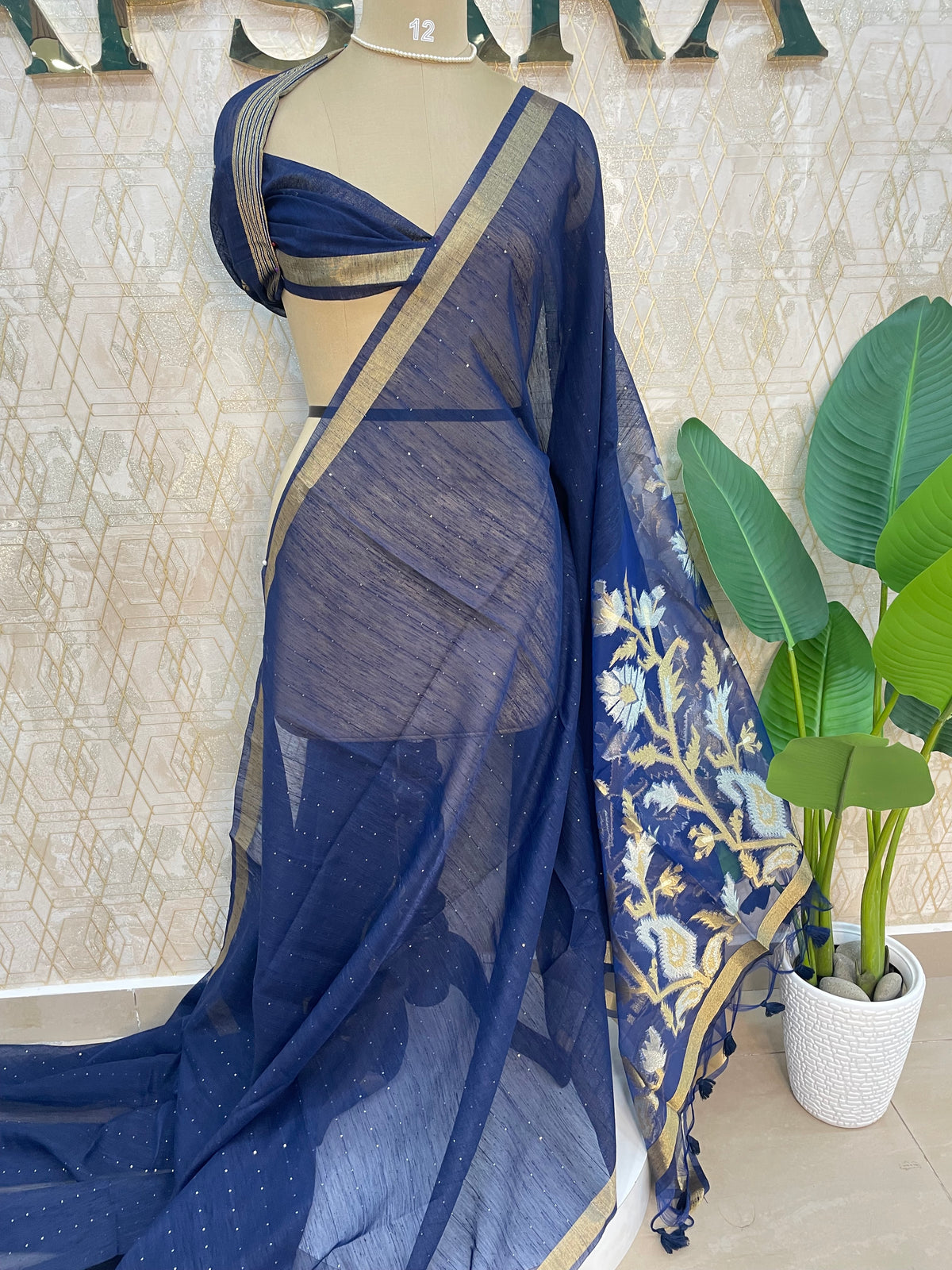 Navy Blue Jute Lenin Saree 72